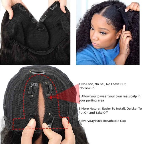 Vanmast V Part Wig Human Hair Kinky Straight 180% Density Upgrade U Part Human Hair Wig For Women No Leave Out No Glue Beginner Friendly Full Head Clip Yaki V Shape Wigs 16 Inch Natural Color