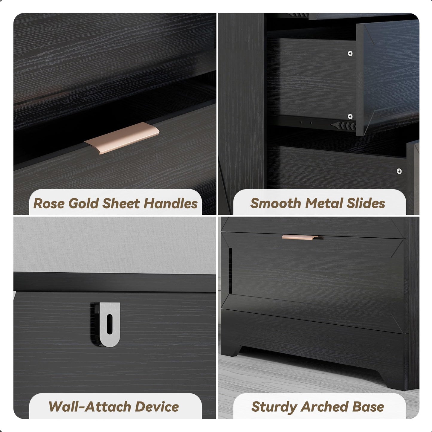FTZxHKLX Modern 4 Drawer Dresser for Bedroom, Tall Bedroom Dresser with Large Drawer & Rose Gold Handles, Wooden Storage Organizer Cabinet Chest of Drawer for Closet, Living Room, Hallway, Black