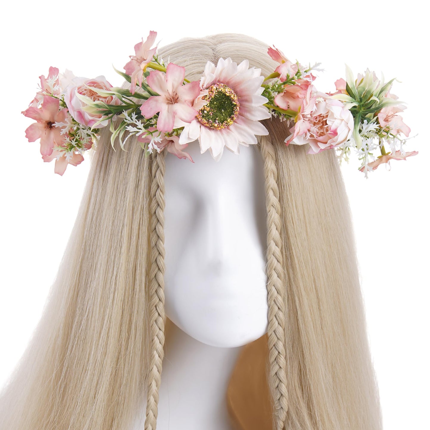 KorViSHOW Pink Sunflower Flower Crown Headband, Artificial Fairy Daisy Floral Headpiece, Adjustable Fairy Woodland Headband for Women Girls Renaissance Birthday Bride Wedding Party Hair Accessories