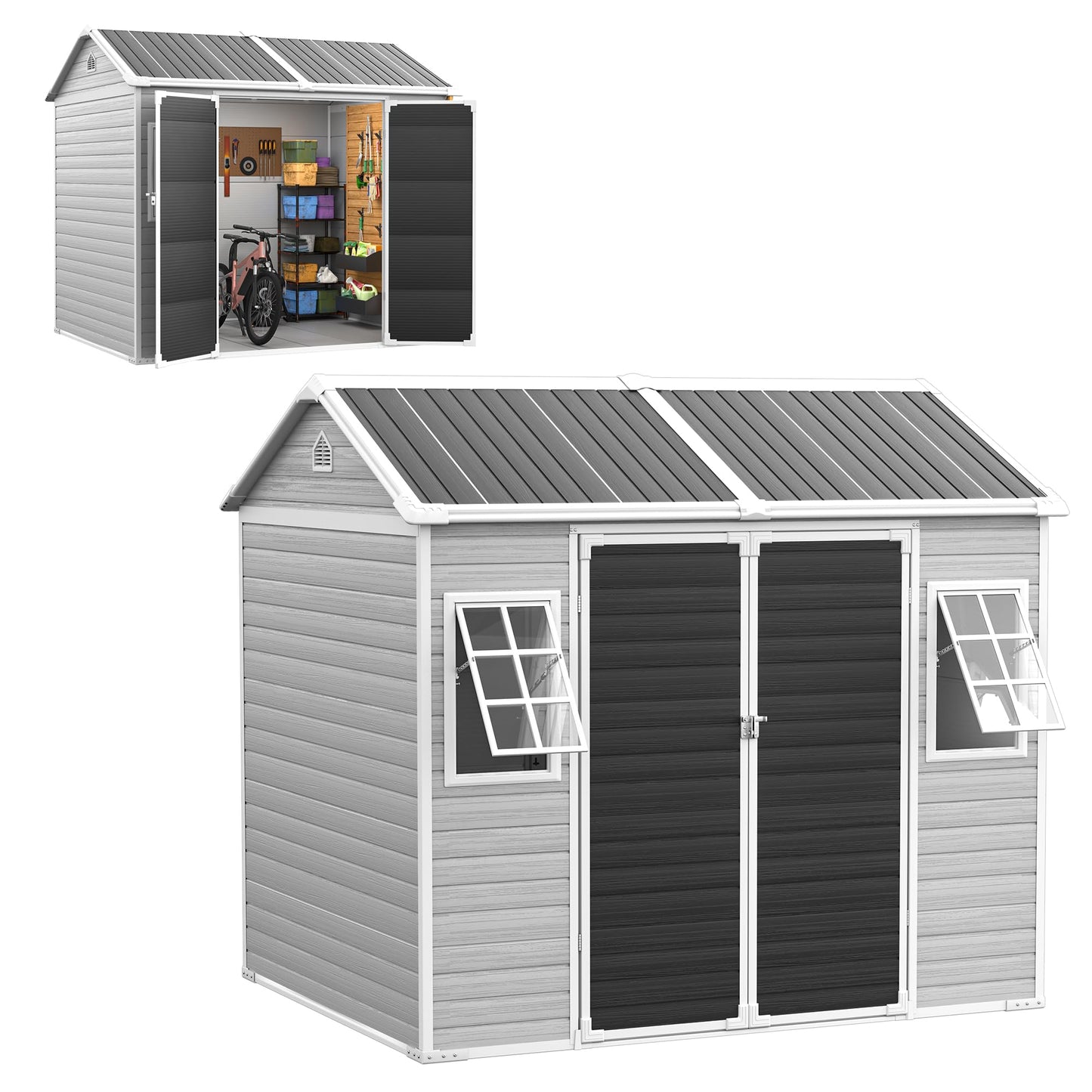 8x6 Shed, Heavy-Duty Outdoor Storage Shed with Floor, Waterproof Plastic Resin Garden Shed for Backyard, Tool Storage with Lockable Double Doors Awning Windows