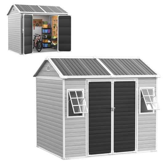 8x6 Shed, Heavy-Duty Outdoor Storage Shed with Floor, Waterproof Plastic Resin Garden Shed for Backyard, Tool Storage with Lockable Double Doors Awning Windows