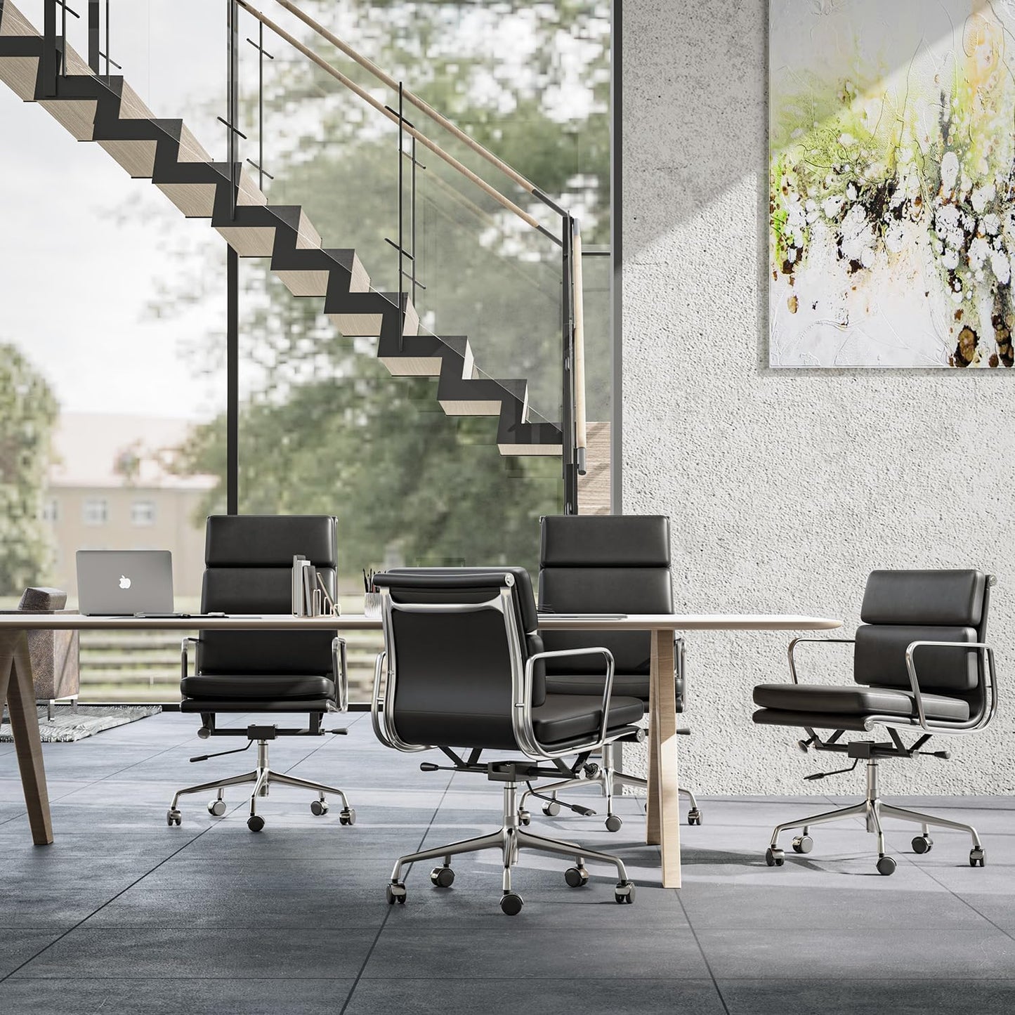 Aekinsly Top Grain Leather Mid-Back Executive Office Chair, Ergonomic Desk Chair with Aluminum Alloy Frame & 5-Star Base, Thick Plush Cushion, Lumbar Support Swivel Chair for Home Office