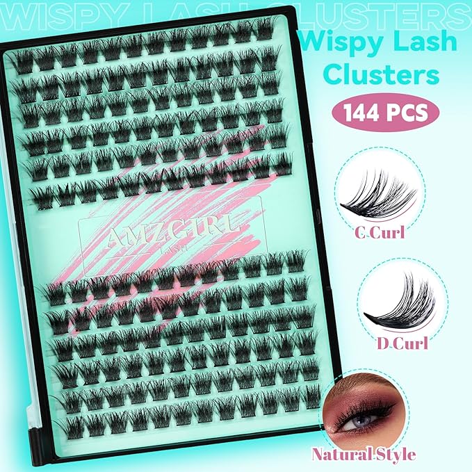 Wispy Lash Clusters Eyelash Extensions 144pcs Individual Lashes Cluster 12mm D Curl Fake Eyelash with Thin Band DIY Cluster Lashes At Home For Beginners (D-12mm)