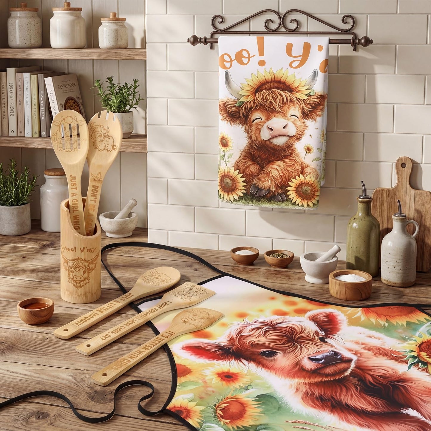 Zhehao 8 Pcs Highland Cow Kitchen Decor Cooking Utensils Set 4 Bamboo Spoons with 1 Utensil Holder 1 Towel 1 Apron Cow Gifts for Women Kitchen Bathroom Home Decorations Housewarming Gifts