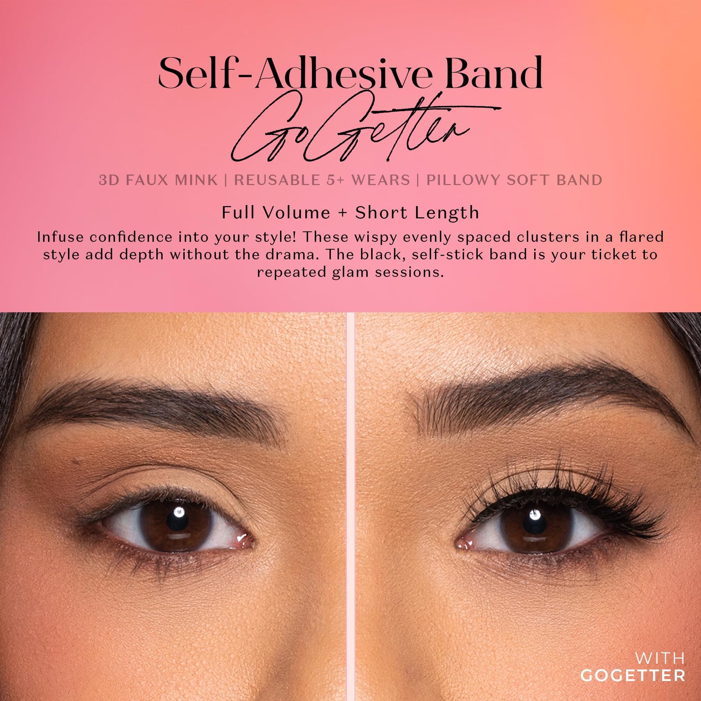 Lilly Lashes 3D Self Adhesive Eyelashes, No Lash Glue Needed, Body Heat Activated Press on Lashes, Reusable Self Adhesive Eyelashes Up to 5x, Easy to Apply & Remove (GoGetter)