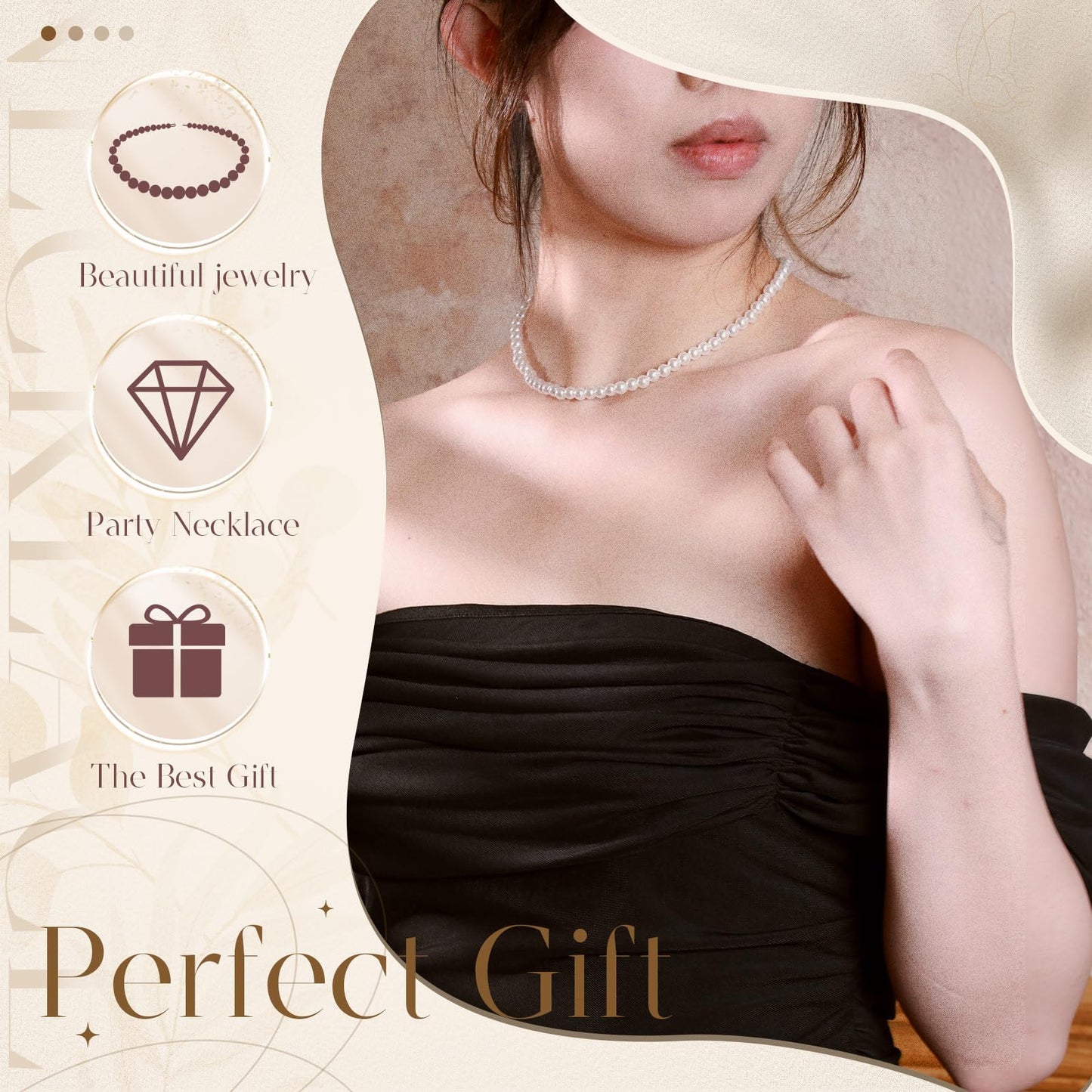Aurelema 2 Pack Long Pearl Necklace for Women 1920s Costume Party Jewelry Faux Pearls Strand Beads for Ladies(14 Inches,6 mm,Collar,Cream White)