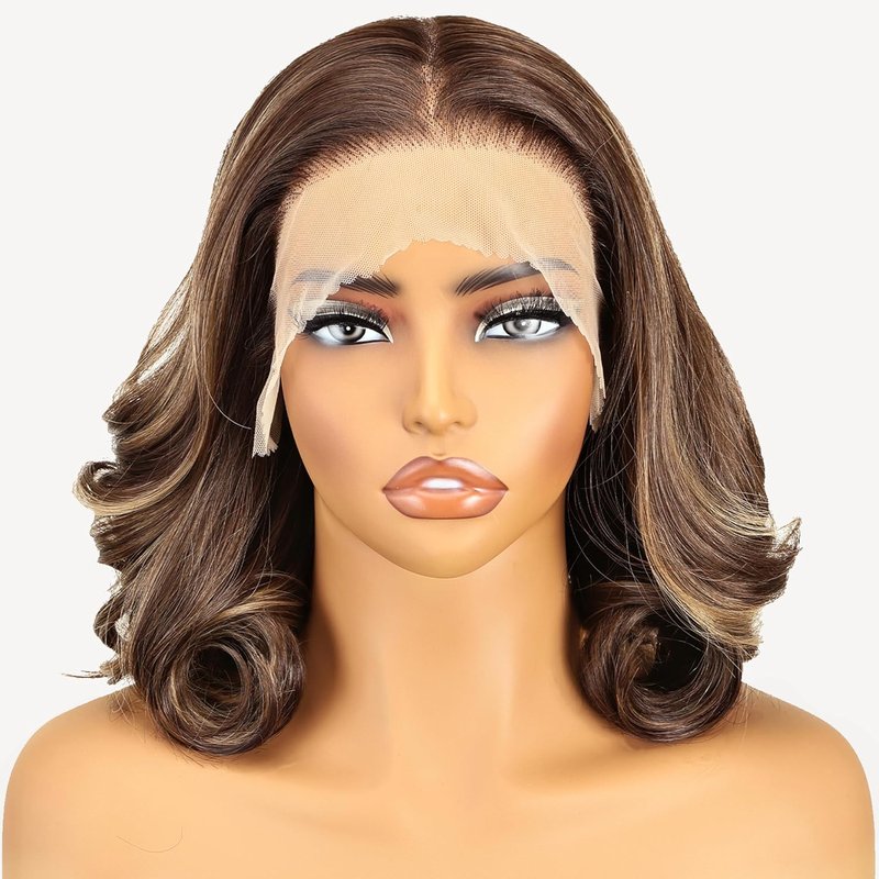 **SOKU 13x6 Lace Front Wavy Wig - 12 Inch Short Synthetic Wig for Black Women | Highlight Brown, Pre-Plucked, Glueless**