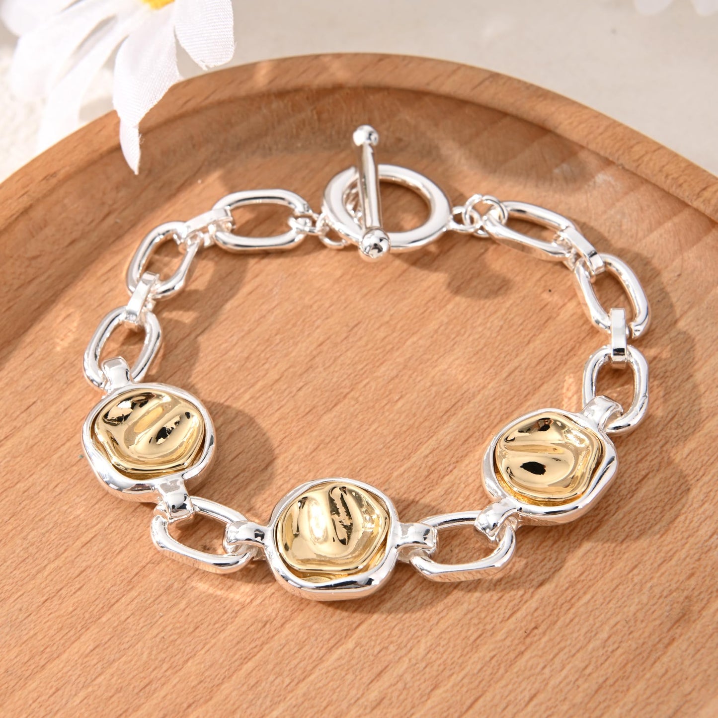 Ginyejly 14K Gold and Silver Plated Special Cain Link with Toggle Clasp Closure in Daily or Party for Women Fashion Jewelry Gifts (round&silver chain)