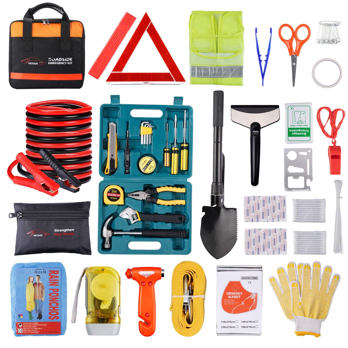 Vetoos Car Roadside Emergency Kit with Jumper Cables, Auto Vehicle Safety Road Side Assistance Kits, Winter Car Kit Essentials for Women and Men, with Car Repair Tool Set, Folding Survival Shovel