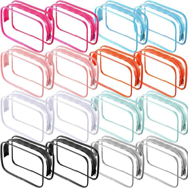 Reginary Clear Cosmetic Bag Set - 16 Pack Transparent Toiletry Pouches | Waterproof PVC Organizer for Travel & Home, 8 Colors