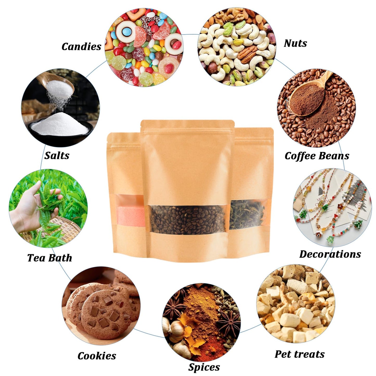 EIOFG Packaging 100PCS Kraft Paper Bags with Window(3.9" X 5.9"), Resealable Paper Bags for Food Storage, Stand Up Treat Bag Reusable for Candy, Cookie, Heat Seal Paper Bag for Small Business