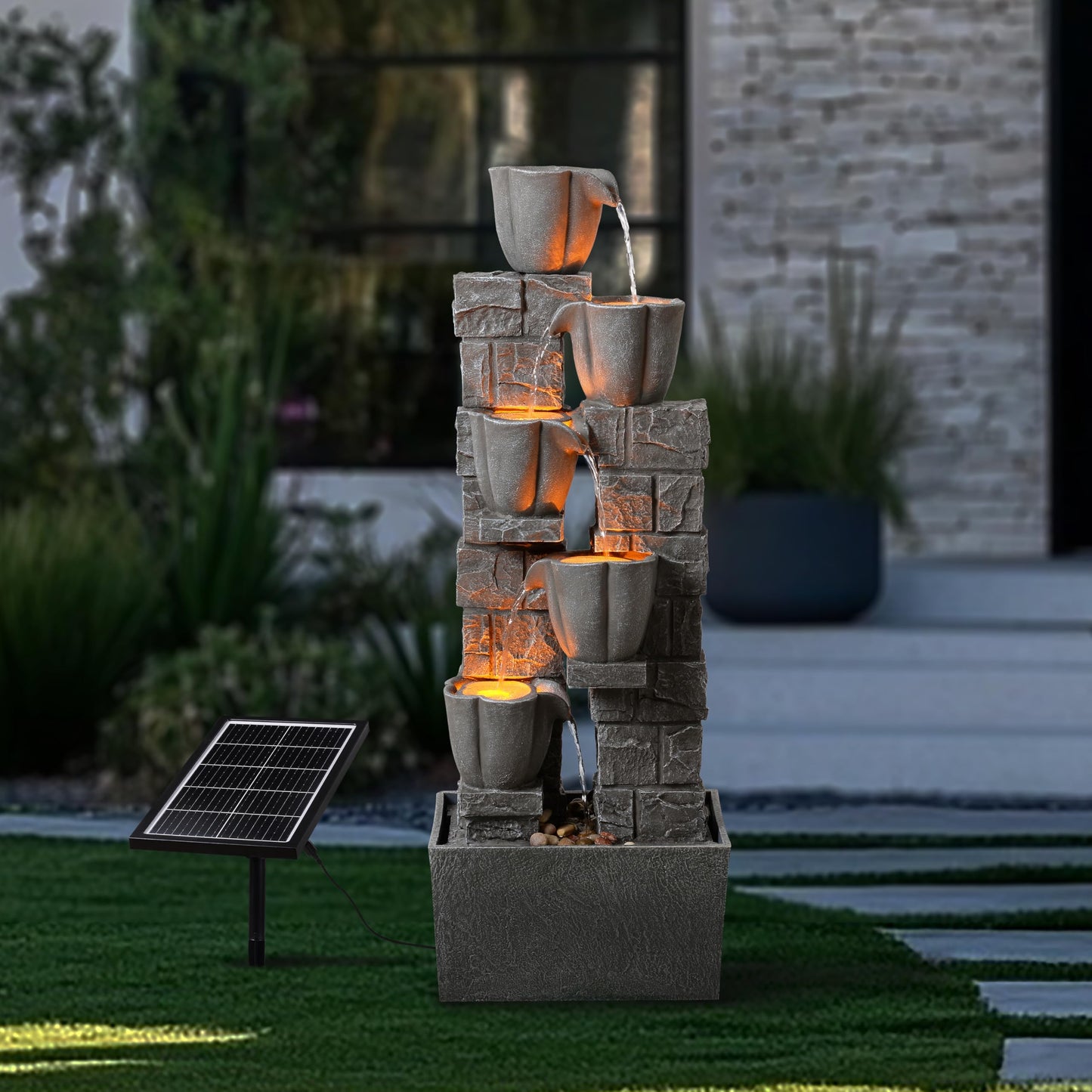 Warm Garden Solar Powered Water Fountain-36.2in.Tall Floor-Standing Outdoor Fountains with Tulip Design - Natural 4 Tiers Waterfall Water Feature for Outside Garden,Backyard,Lawn Decor,Grey