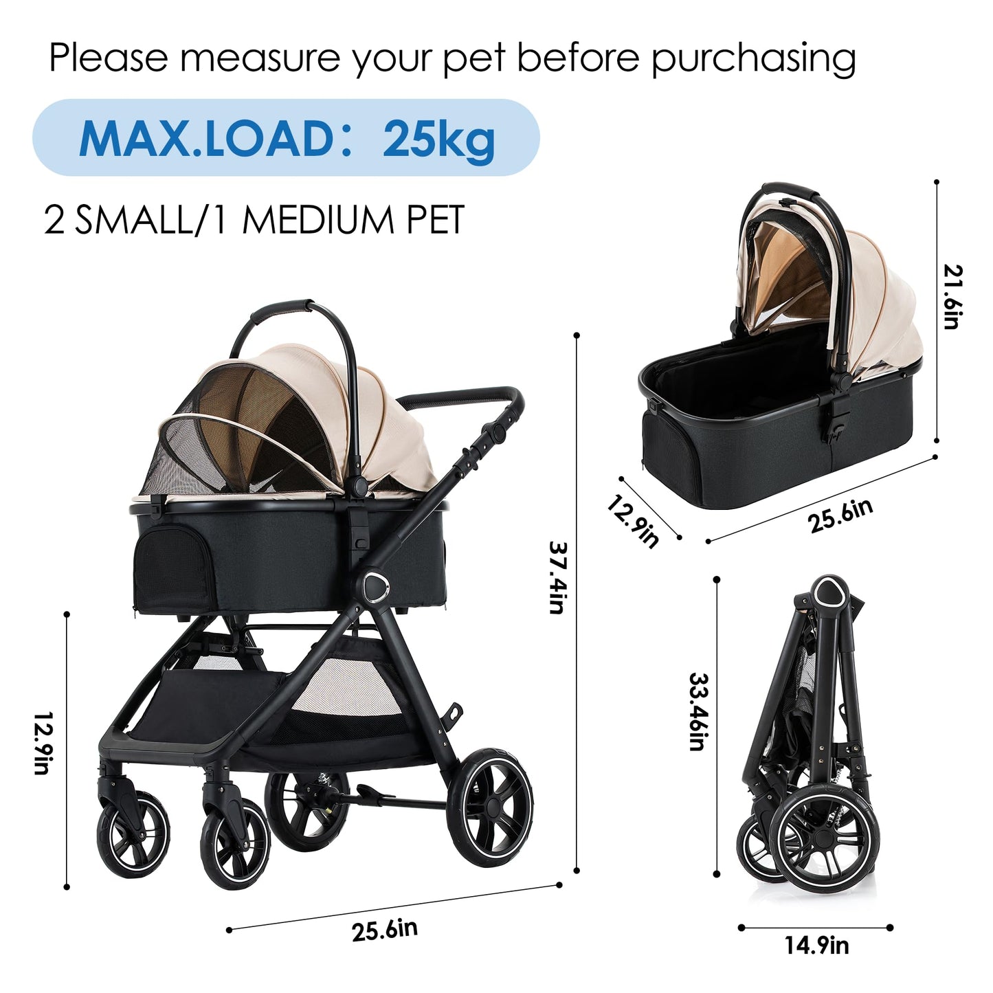 KAVELLIN Pet Stroller for Small Medium Dogs Cats Up to 50lbs, Dog Stroller with Removable Carrier, One Click Folding Pet Strollers, All-Terrain 4 Wheels Cat Strollers, Yellow