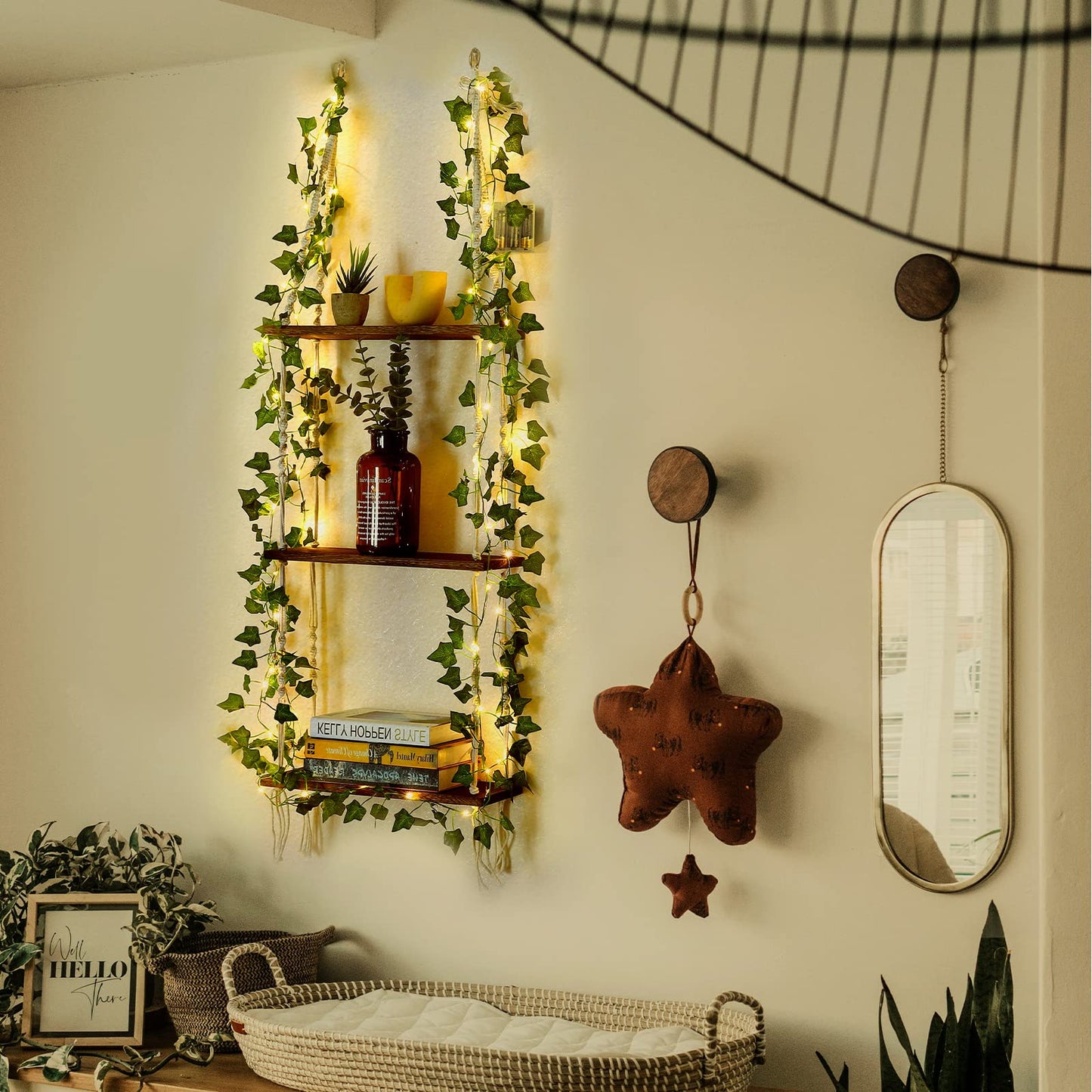 Hanging Shelf with Vine Lights, Macrame Plant Wall Shelf, Wall Storage with Handmade Woven Ropes, 3 Tier Floating Shelf, Boho Room Decor Aesthetic for Succulents, Bedroom, Living Room, Bathroom
