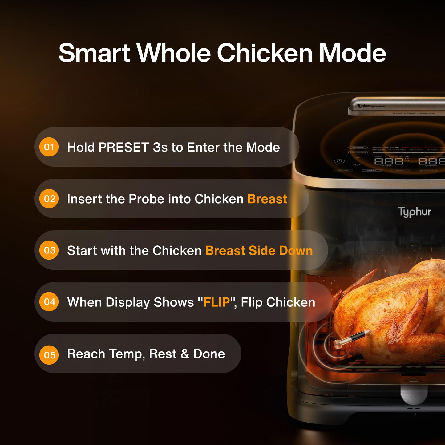 Typhur Sync 8QT AI Smart Air Fryer with Built-in Wireless Meat Thermometer, 9-in-1 XL Non Toxic Ceramic Airfryer, 450°F Max, Cooks 6lb Whole Chicken, Quiet & Dishwasher Safe, 120V