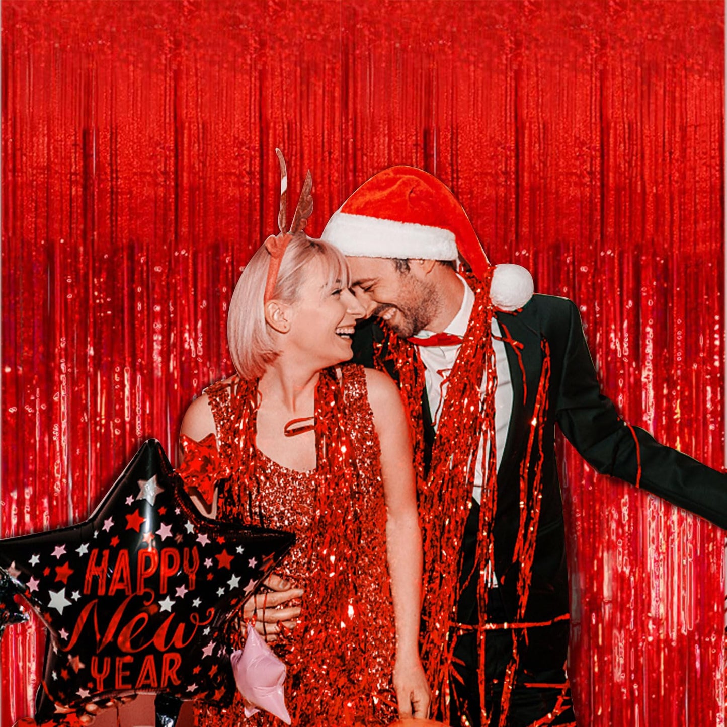 2 Pack Foil Curtain Backdrop Red Metallic Tinsel Foil Fringe Curtains Photo Booth Props for Birthday Wedding Engagement Baby Shower Bachelorette Christmas Holiday Celebration Party Decorations