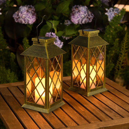2Pack 10" Outdoor Solar Lanterns Waterproof Garden Patio Lantern Lights Flickering Candle Mission for Outside, Party, Yard, Lawn, Mothers Day Gifts Garden Gifts for Mom Women (Antique Green Bronze)