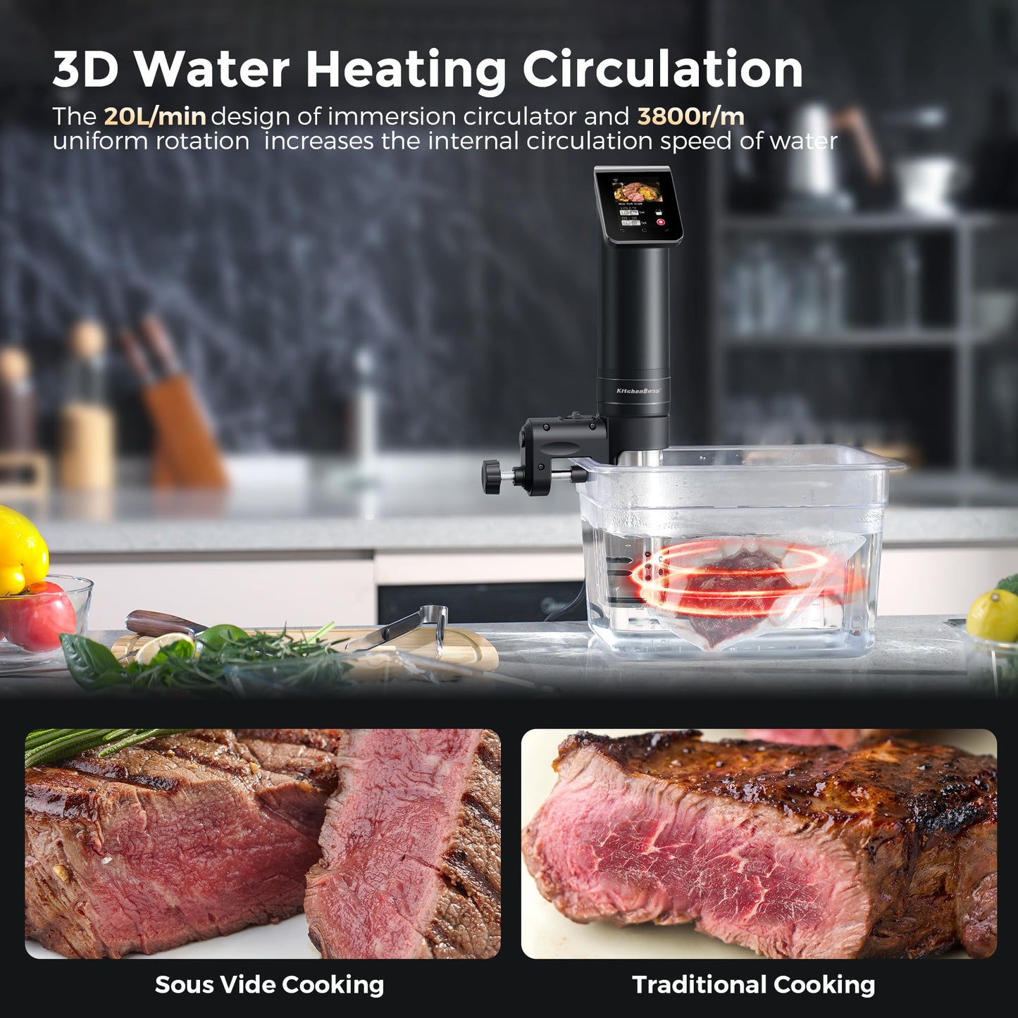 KitchenBoss WIFI Sous Vide Cooker: Ultra-Quiet Sous-vide Cooking Machine 1100 Watts Stainless Steel Immersion Circulator for Kitchen with TFT Preset Recipes (Black)