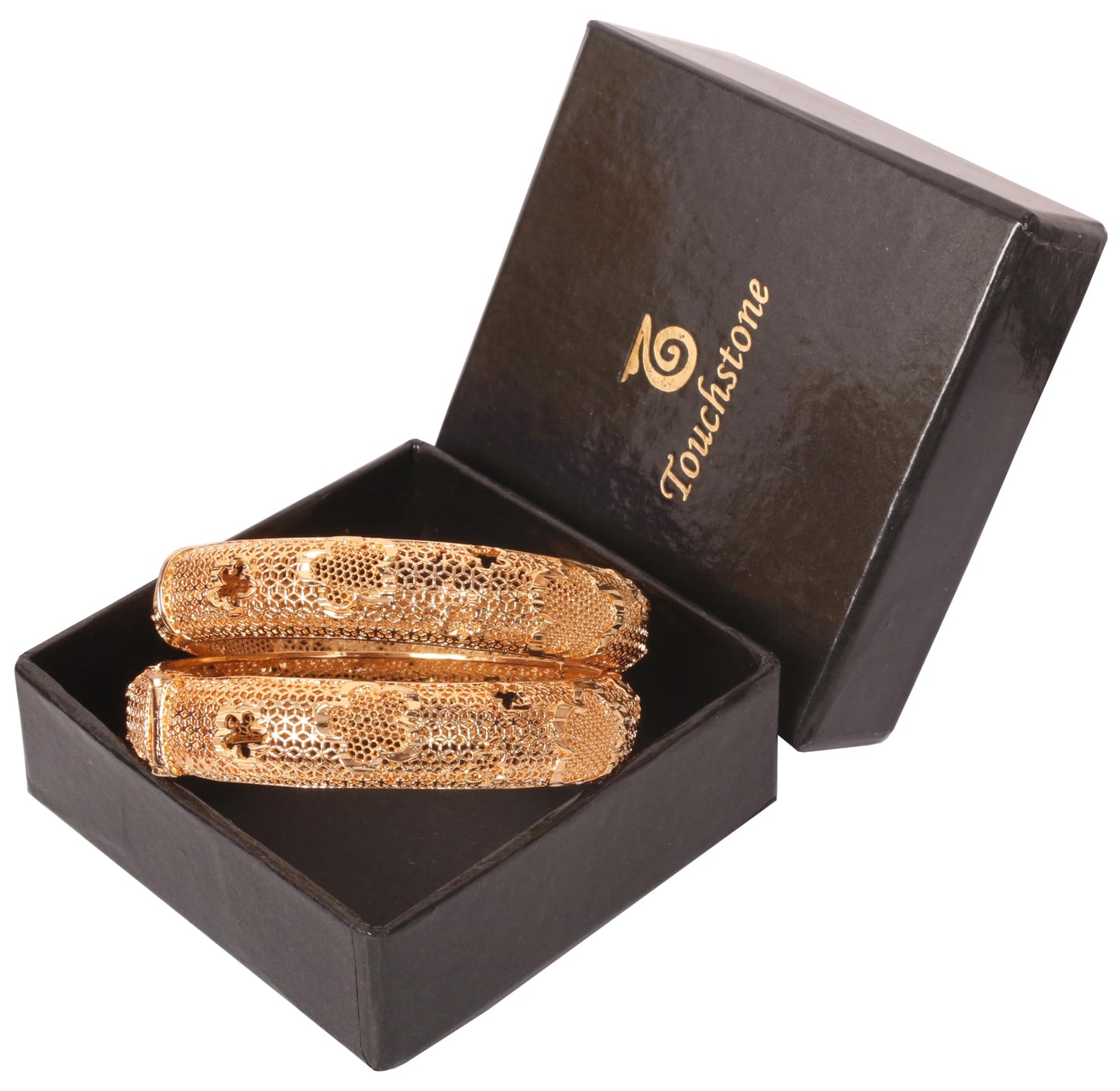 Touchstone NEW Indian Bollywood Handcrafted Exclusive Mesh Floral Designer Jewelry Thick Openable Kada Bracelets Bangle. Set of 2. in Antique Gold Tone for Women.