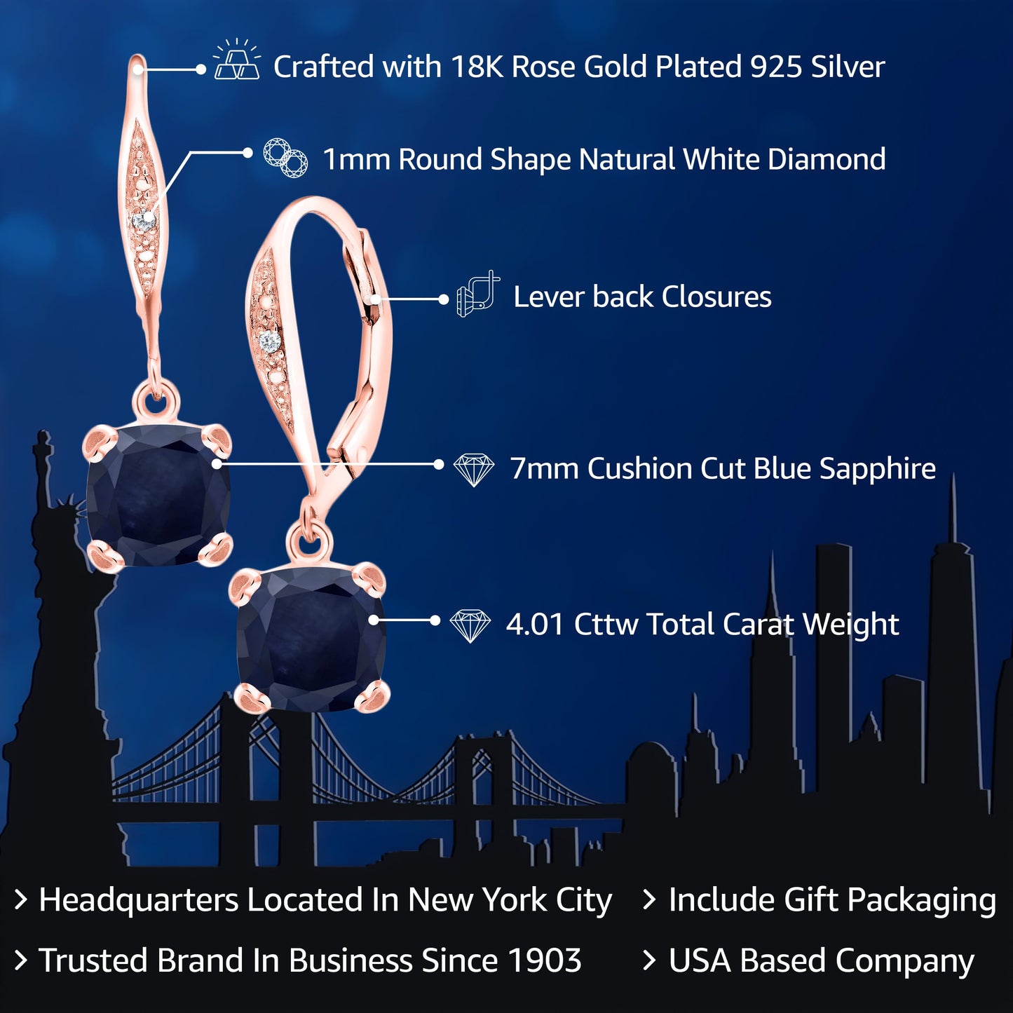 Gem Stone King Drop Dangle Earrings For Women | 7MM Cushion Cut Gemstone Birthstone and Diamond | 925 Sterling Silver | Jewelry Gift for Mom Wife Her | Blue Sapphire-September | Rose Gold