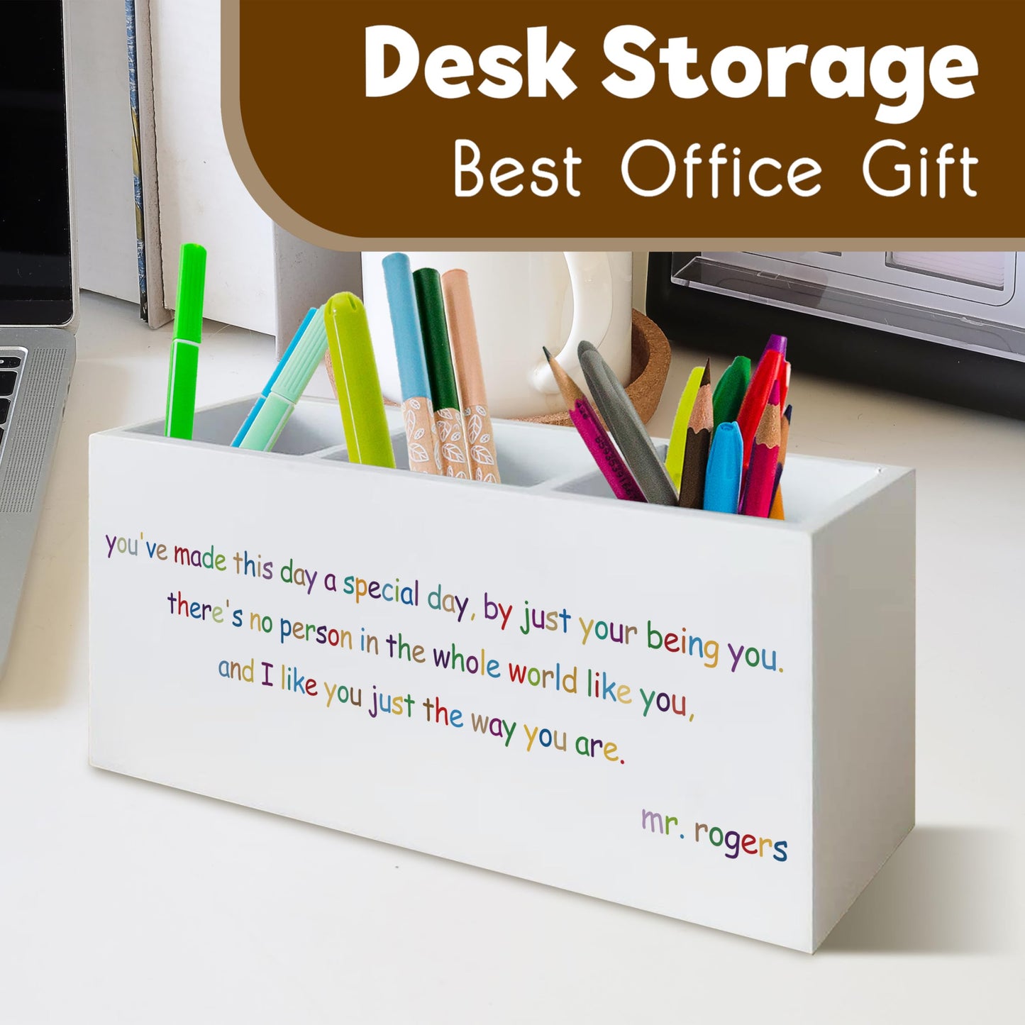 UNCDLV Mr.Rogers Inspirational Quotes Pen Holder for Desk, Motivational Gifts for Women Men Coworkers, Positive Gifts Wooden Pen Pencil Holder Organizer for Office Desk Accessories