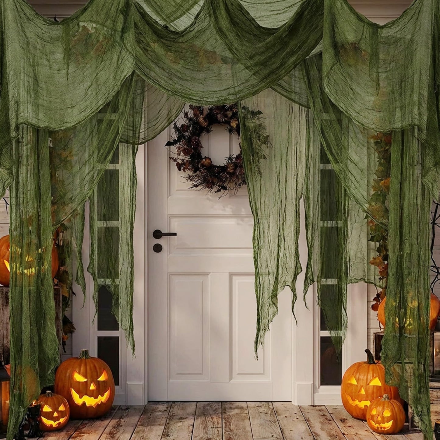 Watayo 400 x 85 Inches Halloween Dark Green Creepy Cloth, Oversize Halloween Cheese Cloth, Scary Spooky Fabric Gauze for Outdoor Haunted House Yard Doorway Decor