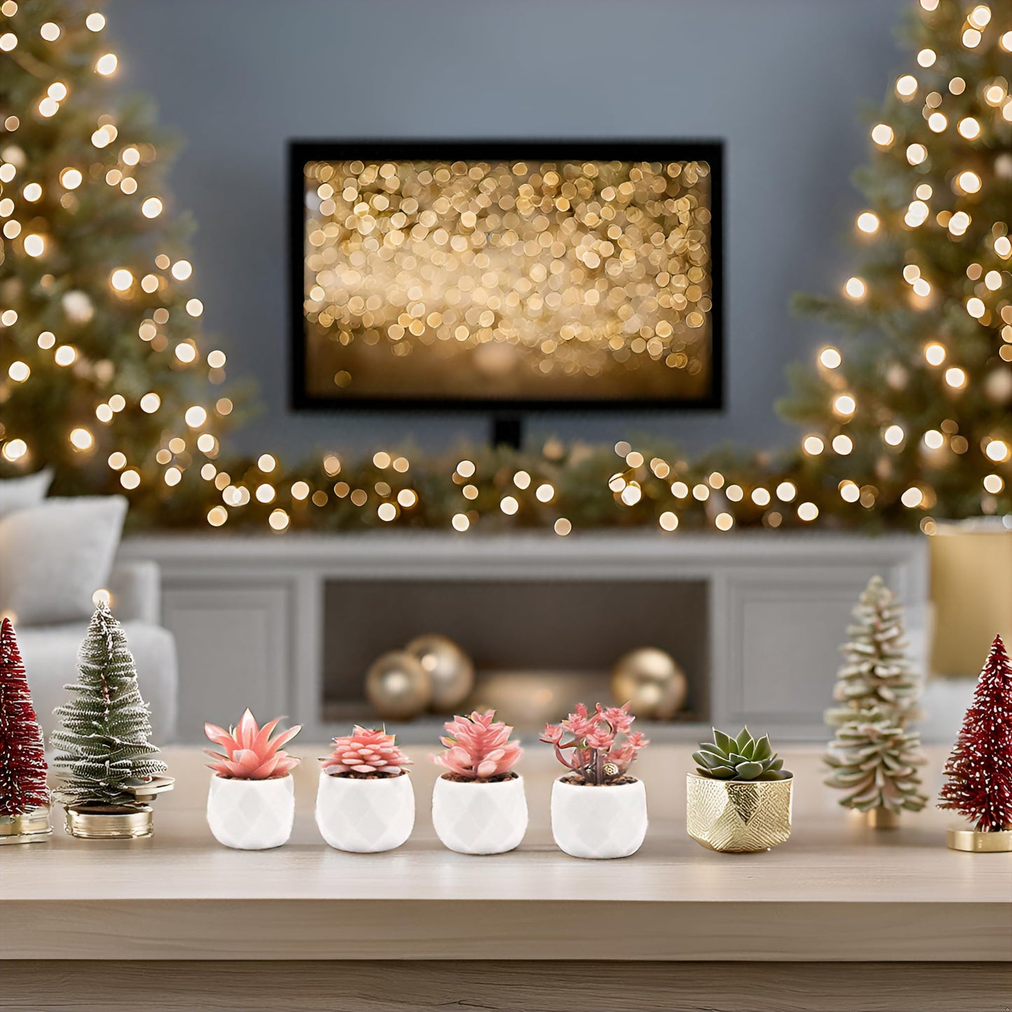 VIVERIE Mini Faux Succulents Plants Artificial in Pots-Rose Pink Desk Accessories, Small Fake Succulents Plants for Home Decor Indoor for Women, White Ceramic, Set of 4