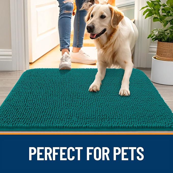 OLANLY Dog Door Mat for Muddy Paws 54x24, Absorbs Moisture and Dirt, Absorbent Non-Slip Washable Doormat, Quick Dry Chenille Mud Mat for Dogs, Entry Indoor Entryway Carpet for Inside Floor, Lake Blue
