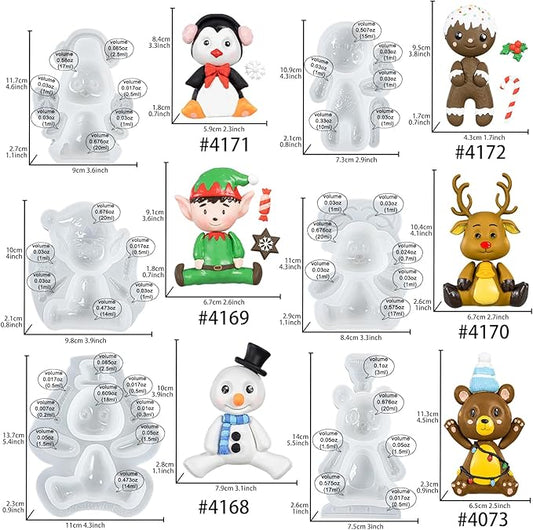 FUNSHOWCASE Christmas Silicone Molds Penguin Reindeer Snowman Gingerbread Man Santa Elf Bear Height 3-4inch for Fondant Cake Decoration Cupcake Topper Epoxy Resin Casting Polymer Clay Craft