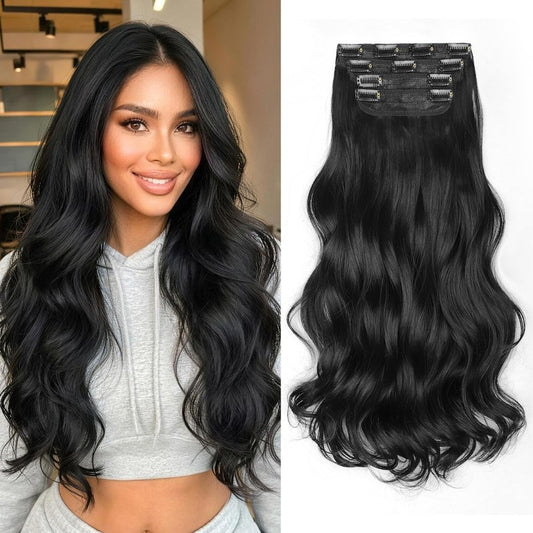 KooKaStyle Clip In Hair Extensions, Natural Long Layered Soft Invisible Synthetic Curly Wavy Hairpieces for Women, 4 pcs (20 Inch, Black)