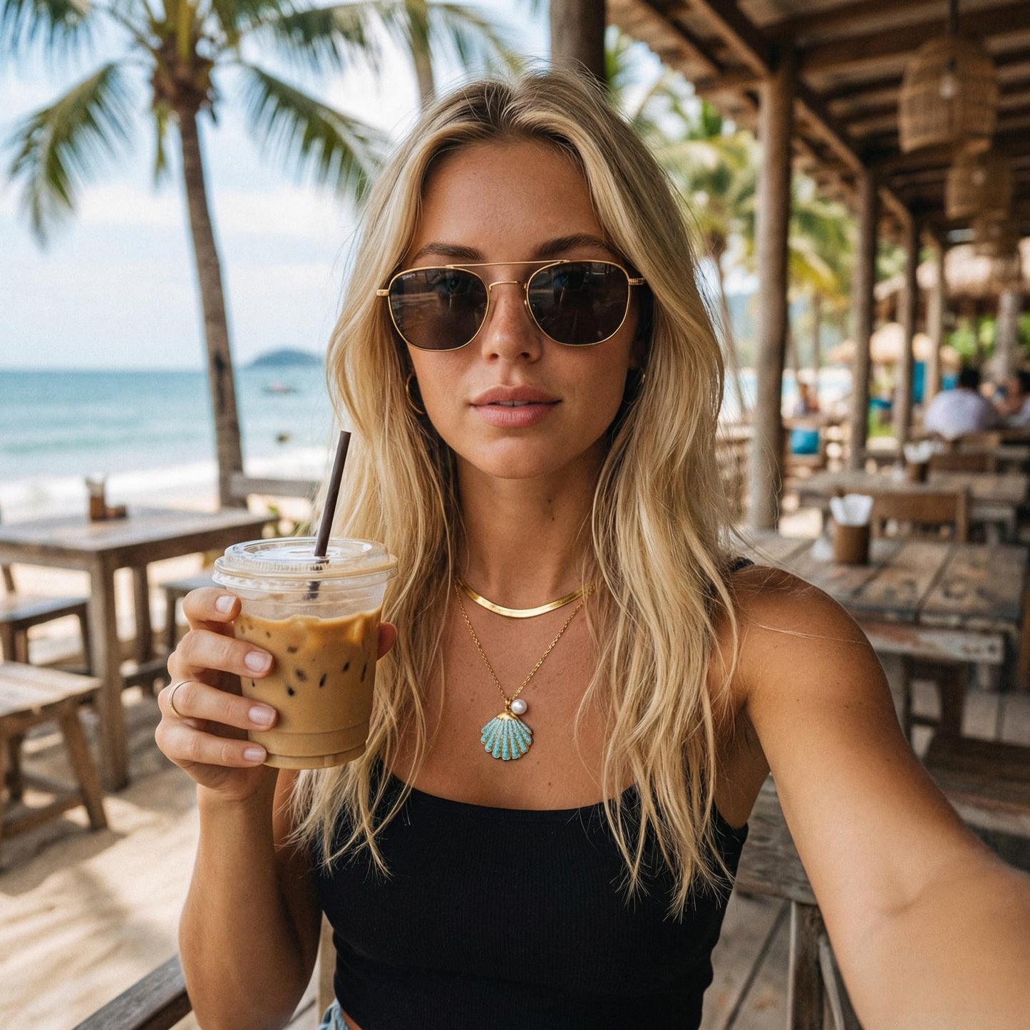 Harlermoon Gold Starfish Necklace for Women - 18K Gold Plated Stainless Steel Ocean Beach Jewelry, Sea Turtle Shell Pearl Pendant, Waterproof Non Tarnish Snake Chain Choker, Summer Vacation Mermaid Gifts (Large Shell Snake Chain)