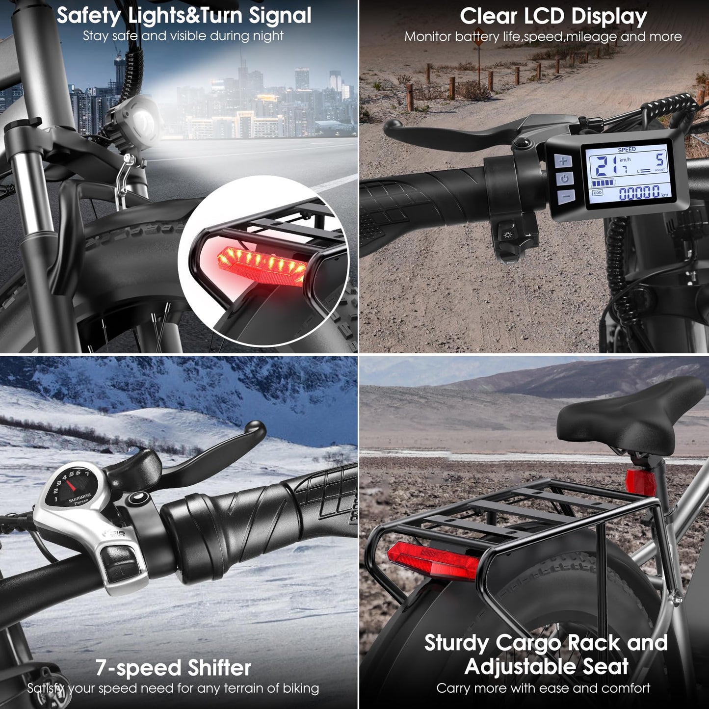 Loeook Electric Bike for Adults, 1000W Peak 25MPH 60Miles Ebike,48V 13AH Battery Electric Mountain Bike, 26" x 4'' Fat Tire Electric Bicycle with Rear Rack, Fenders, 7 Speed, UL 2849 Certified