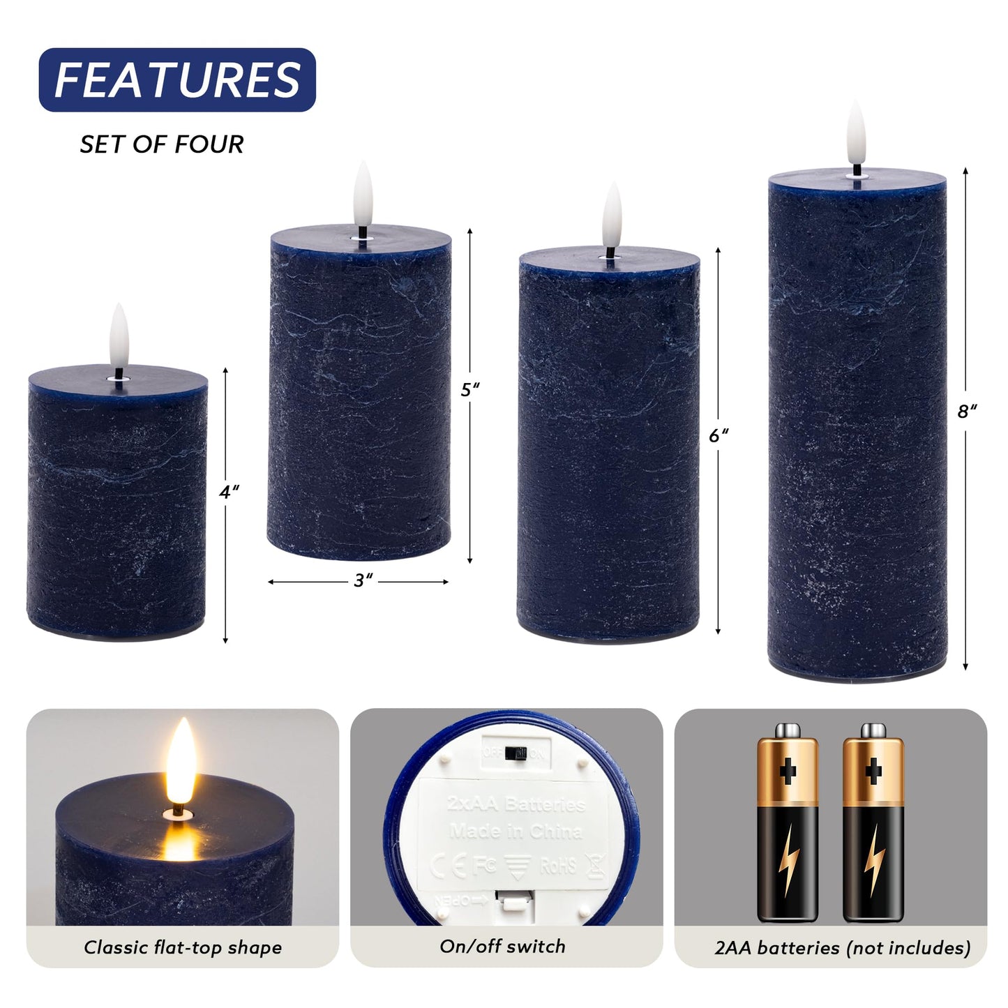 AFINETH Blue Flameless Pillar Candles, Battery Operated Candles with Remote, Real Wax Flickering LED Candles for Home Party Wedding Holiday Decor, Set of 4, Φ 3" H 4"" 5"" 6"" 8"""