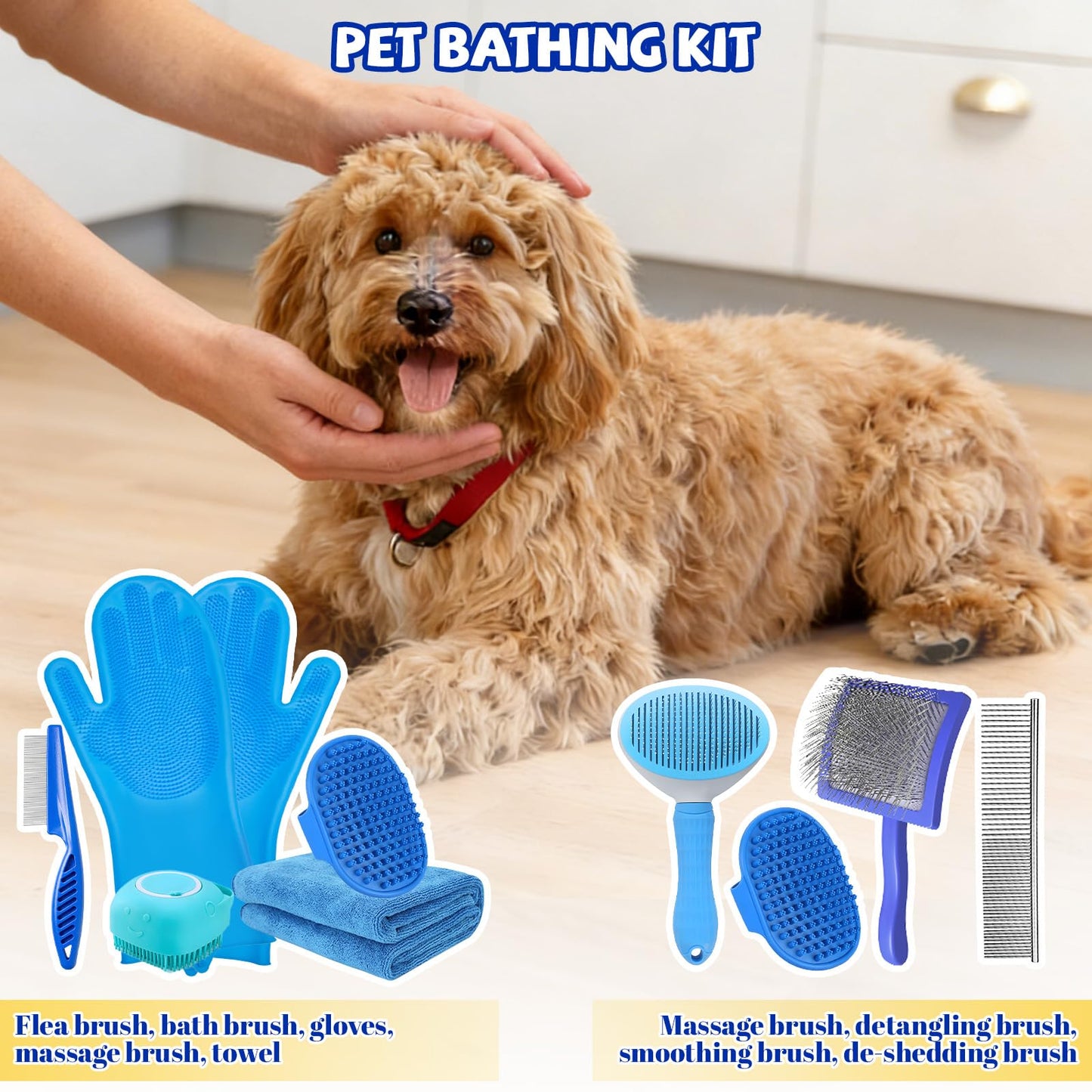 8PCS Dog Slicker Brush for Dogs Grooming Kit,Bath Grooming Kit for Pets,Hair Brush Set with Towel,Washing Gloves,Slicker Comb,and Shampoo Scrubber Brush for Small and Large Dogs and Cats(Blue)