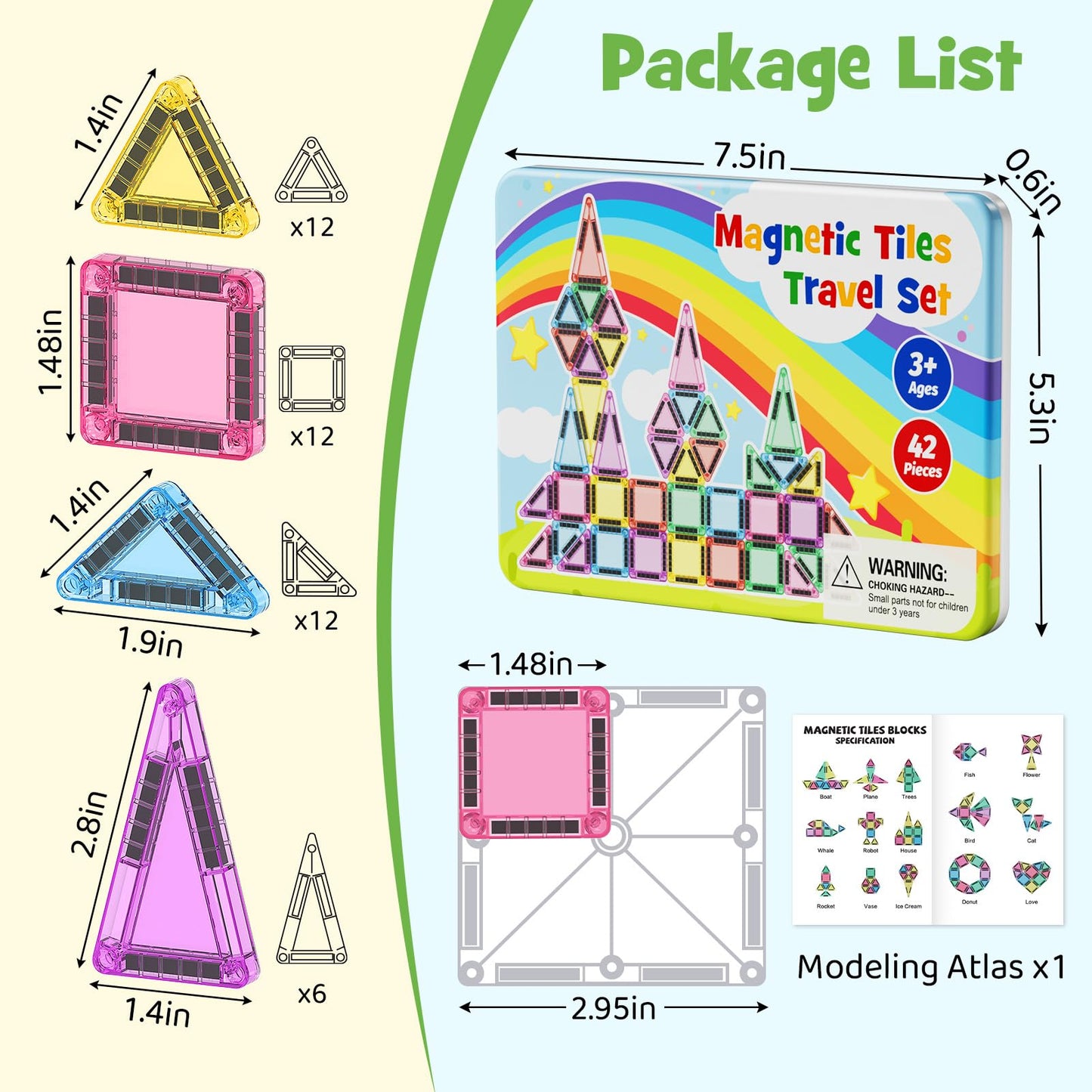 JSDKFJSA Magnetic Tiles Travel Toys for Kids 4-8, 42PCS Candy Color STEM Building Blocks with Visual Storage Guide & Metal Case, Airplane Activities & Toddler Travel Essentials Ages 3-5