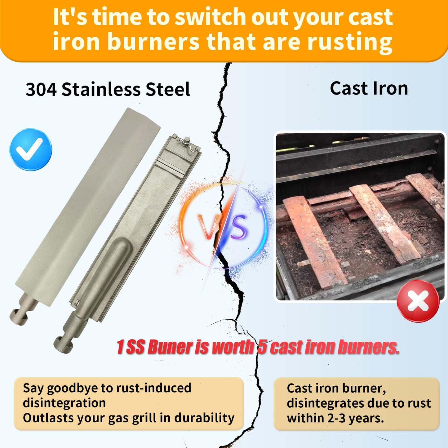 Fenluqi 4-Set 15 3/4 Heavy Duty Cast 304 Stainless Steel Grill Burners for Bull, Premium Outdoor Bull BBQ Gas Grill Replacements Parts for Cal Flame P-Series, Aussie, Thermos, Turbo, Beefeater