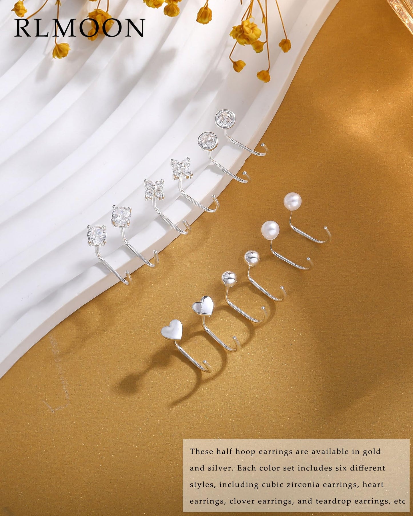 RLMOON Backless Earrings Silver Huggie Half Hoop Earrings for Women 14K Gold Plated Stay Close Hoop Earrings No Back Comfort Fit Hypoallergenic Stackable Earrings to Sleep in