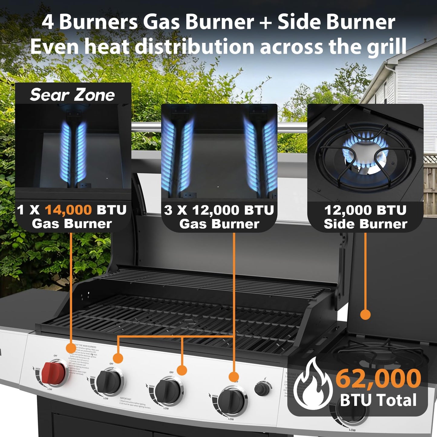 THERMORA 4 Burners Propane Gas Grill 62,000 BTU with Side Burner 645 sq.in, Porcelain-Enameled Grates BBQ Grills, Stainless Steel Propane Grill for Outdoor Cooking Barbecues Patio Garden Family Party