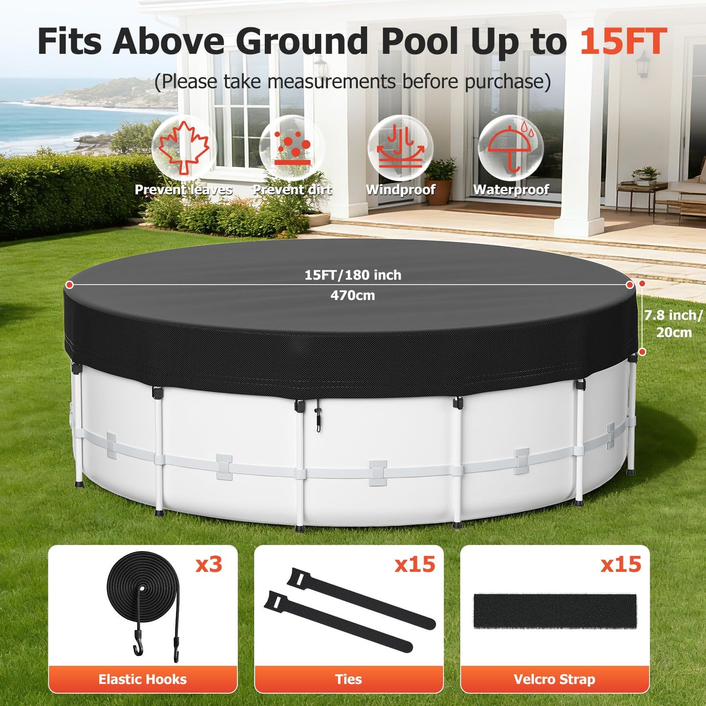 15 Ft Round Pool Cover for Metal Frame Above Ground Pools - Upgraded Windproof Design Compatible with Intex/Bestway Frame Above Ground Outdoor Swimming Pool (Black)
