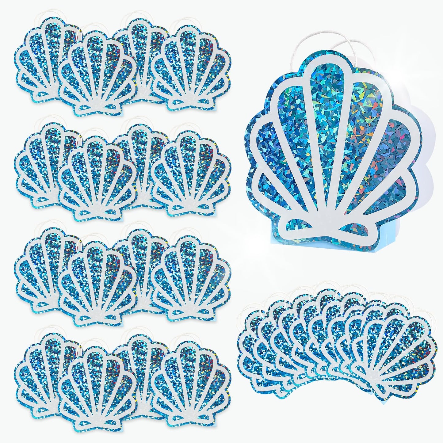 Sariiraw 16 Pack Mermaid Party Favor Bags with Handles, Holographic Seashell Goodie Bags for Under The Sea Theme Party Decorations, Mermaid Birthday, Baby Shower Supplies, 6"x3.1"x9.8"