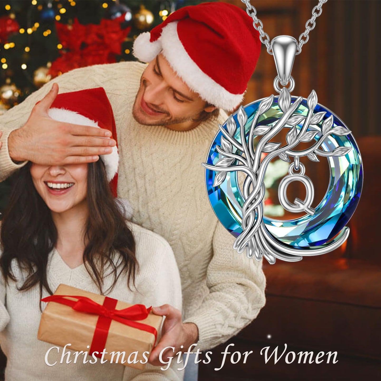 TOUPOP Tree of Life Initial Necklace Gifts for Women Sterling Silver Initial Q Letter Jewelry Irish Crystal Pendant Birthday Gifts for Women Her Mom Wife Daughter