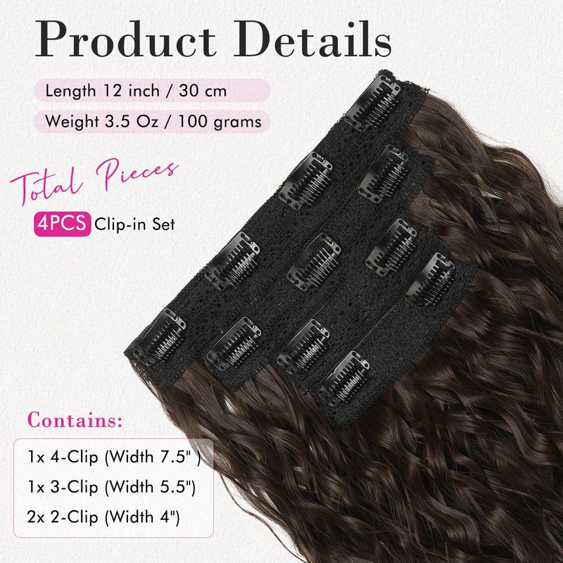 REECHO Clip in Hair Extensions, 4PCS 12" Short Curly Wavy Blonde Hair Extensions, Invisible Lace Weft, Natural Soft Hairpieces for Women - Dark Brown