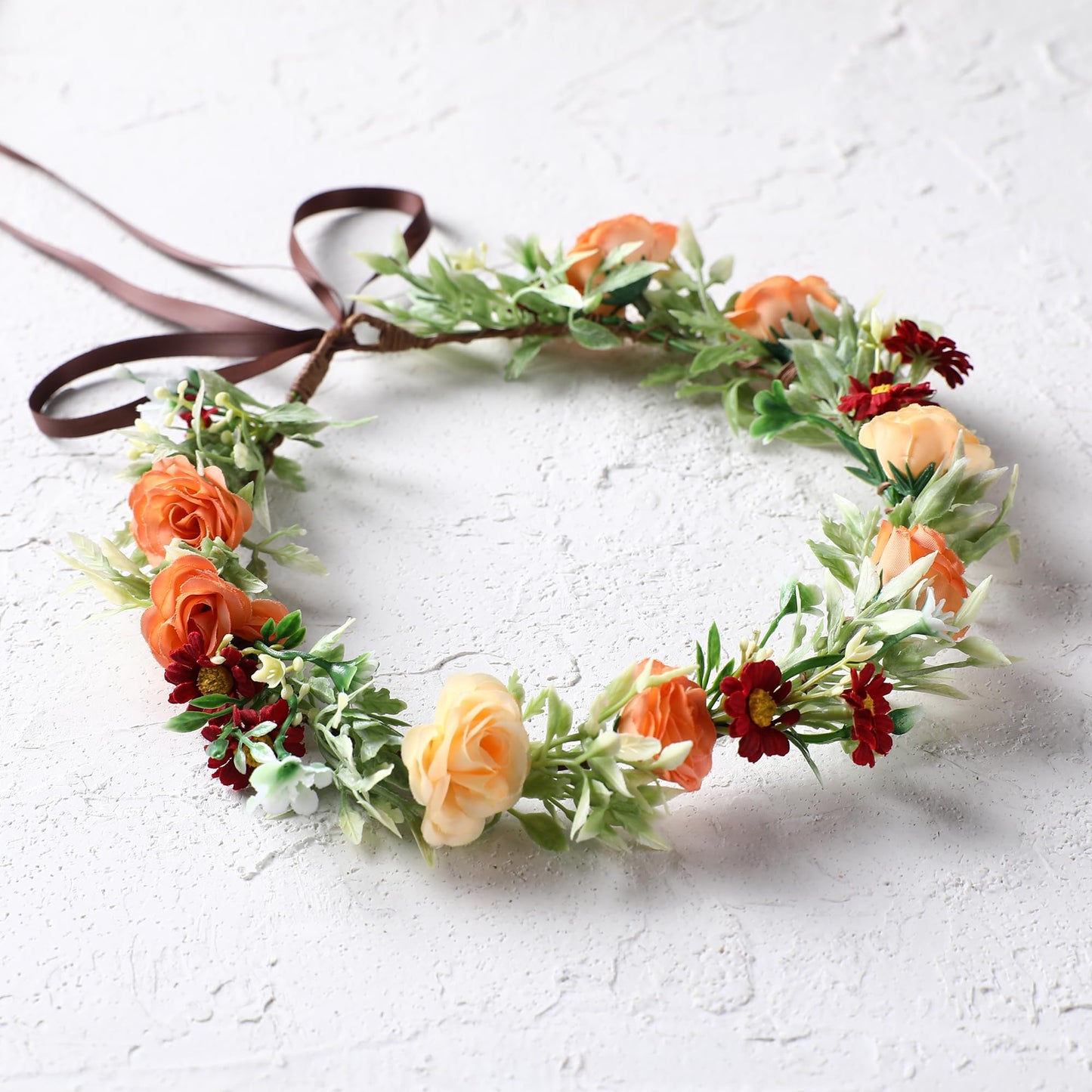 KorViSHOW Floral Crown Women Girls - Orange Boho Floral Headpiece with White Green Leaves Charming Fairy Flower Headband for Wedding Photo Shoot Festivals