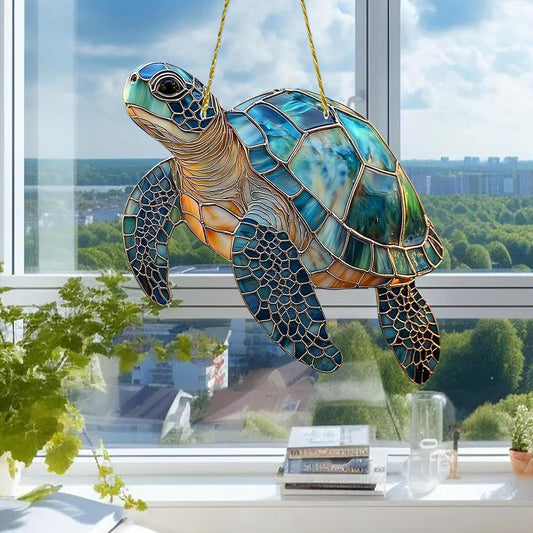 2D Acrylic Turtle Window Hanging Sun Catcher, Stained Glass Style, Beach Themed Home Decoration