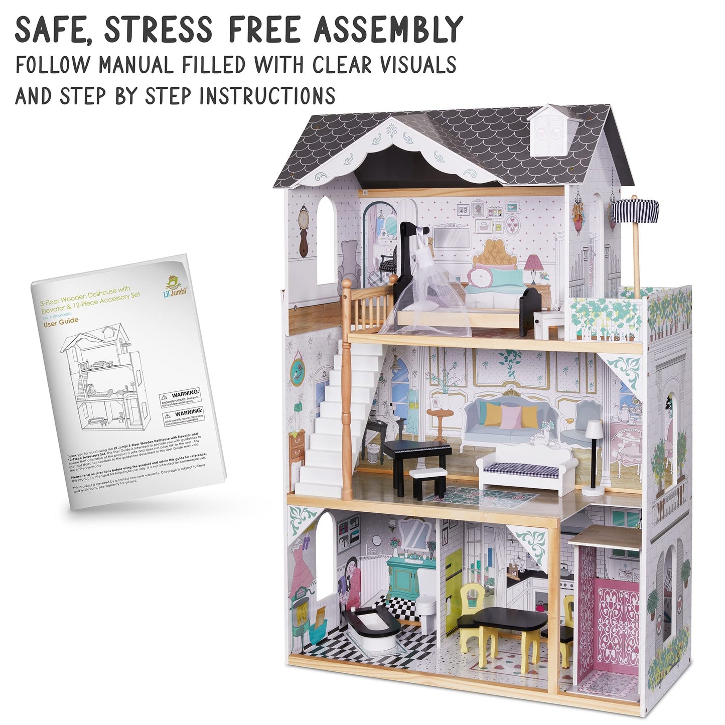 Lil' Jumbl Kids Wooden Dollhouse, with Elevator, Balcony & Stairs, Accessories & Furniture Included X-Large 3 Story Easy to Assemble Doll House Toy