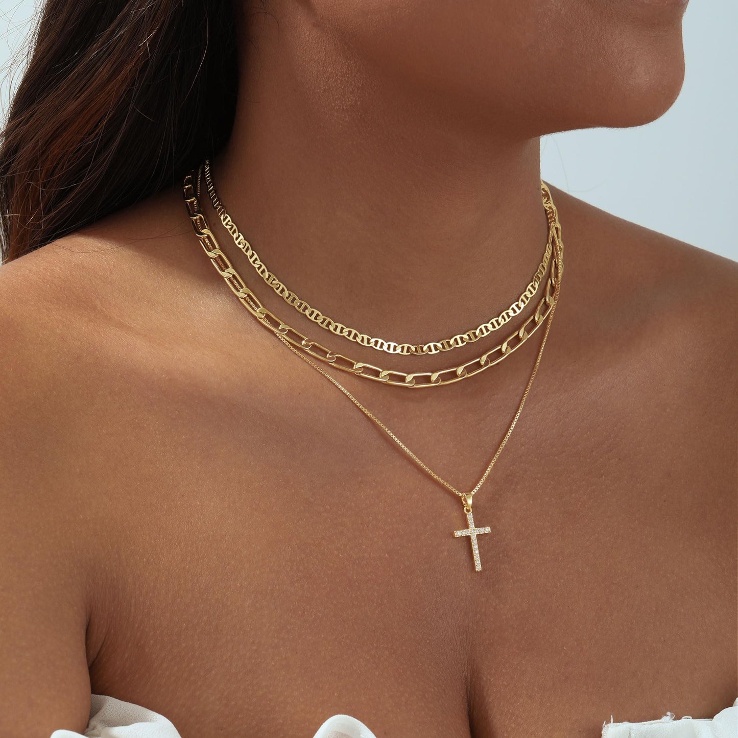 Kyerlyn Cross Necklace for Women,Stackable Stacked Stacking Layering Layered Necklaces Set Dainty 14 K Gold Paperclip Box Flat Mariner Chain Pendant CZ Simple Jewelry Gif t