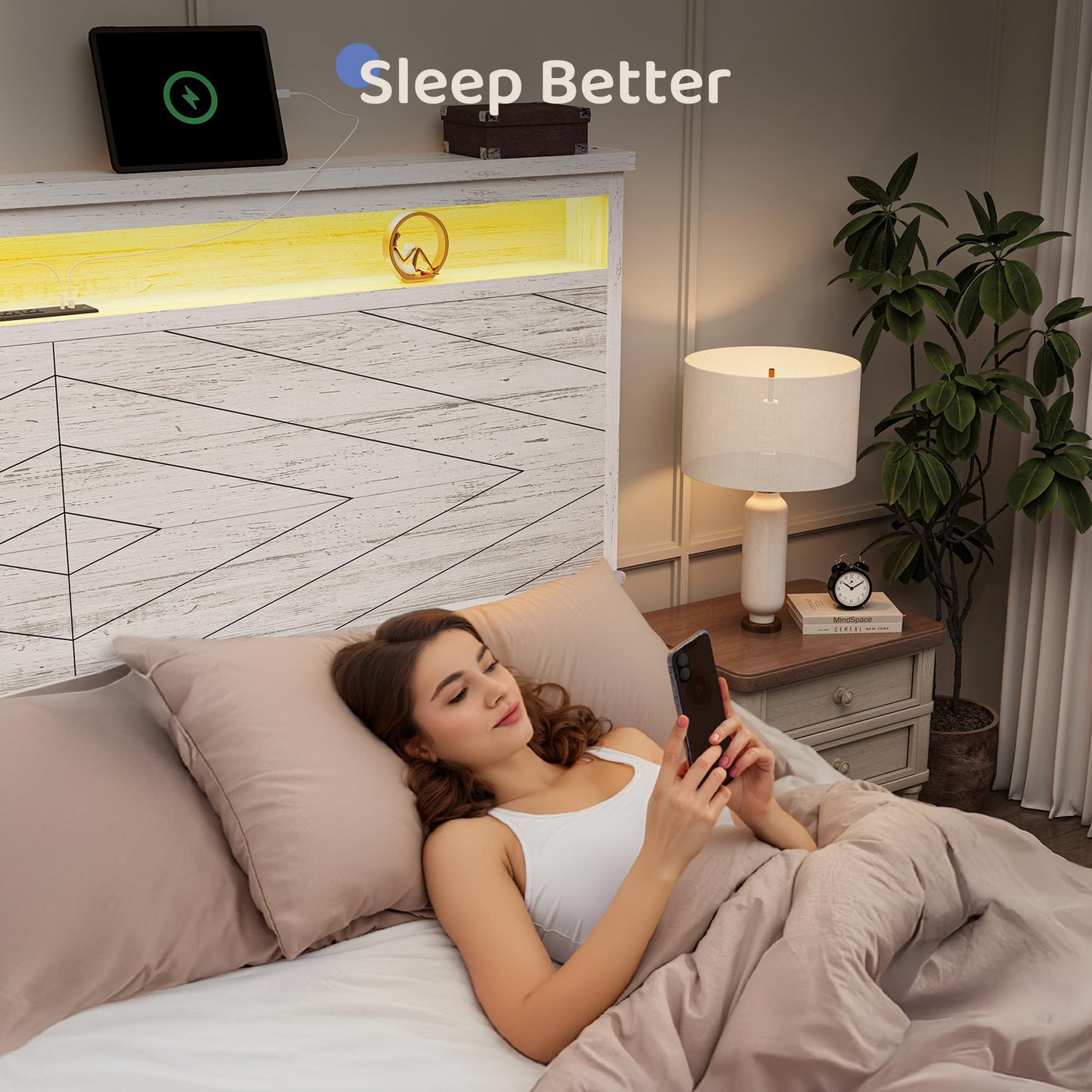 BRELTAM King Size Bed Frame with 2 Storage Drawers and Headboard Wooden Platform Bed Frame with LED Lights and Charging Station Easy Assembly/No Box Spring Needed/White
