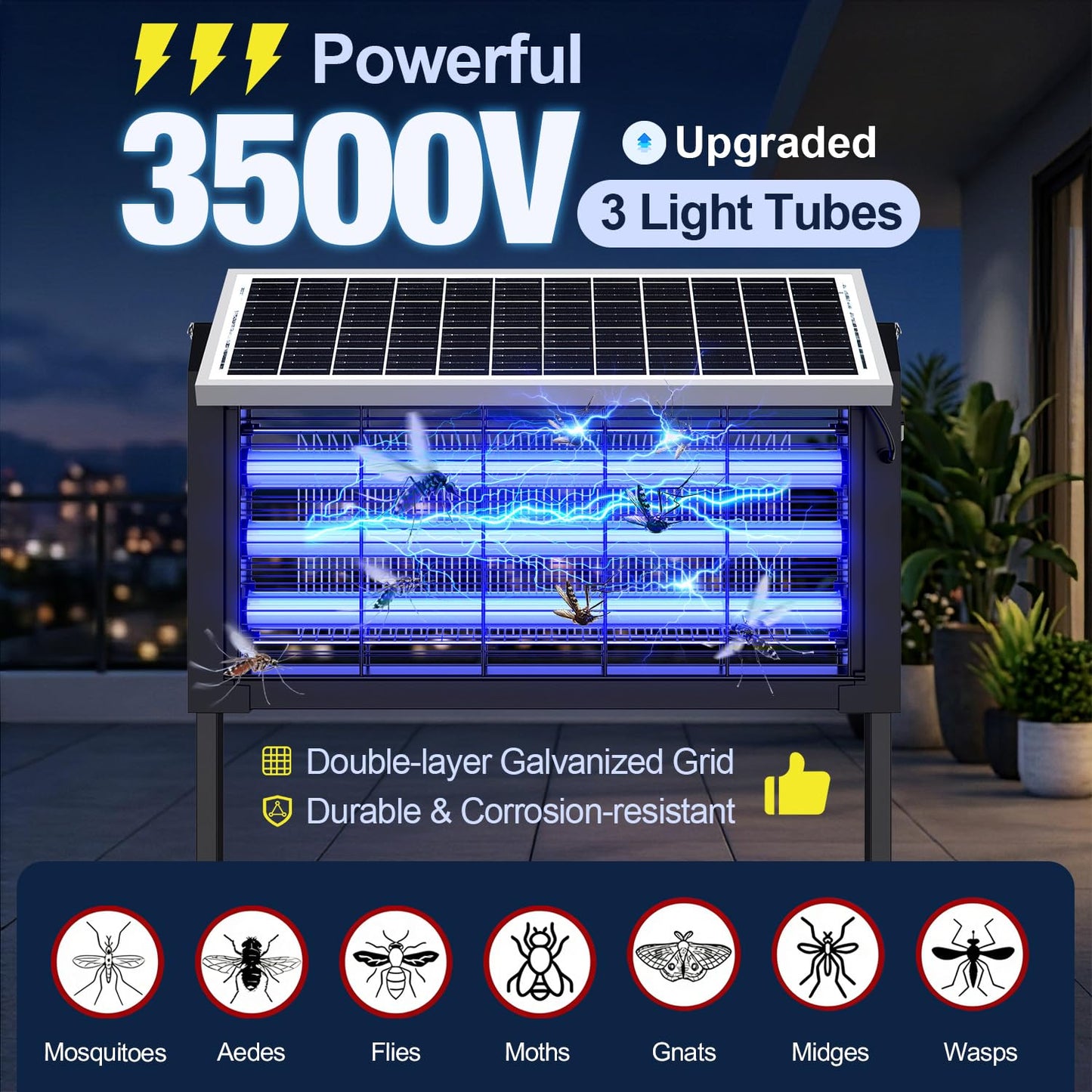 Large Solar Bug Zapper Outdoor, Solar Mosquito Zapper for 3000 sq.ft, Waterproof Mosquito Killer with Stand, Rechargeable Flying Insect Trap for Patio, Yard, Garden, Camping with 20W Solar Panel