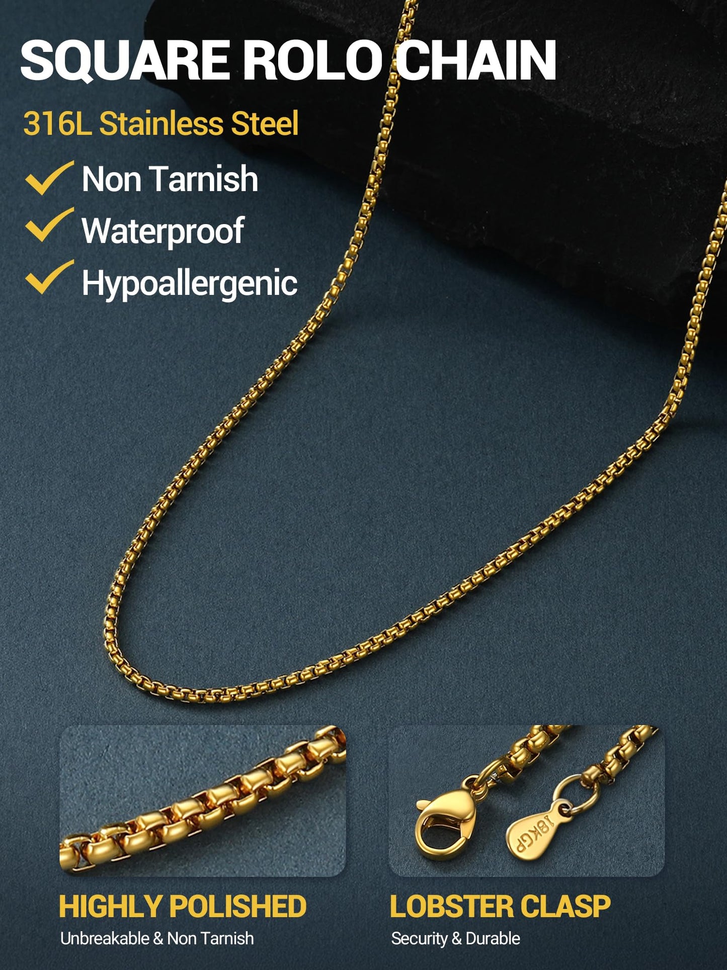 PROSTEEL Mens Chain Necklace, Squre Rolo Cable Chains 2mm Thin 18K Gold Necklace Waterproof & Non Tarnish Men and Women Jewelry with Gift Box 20in