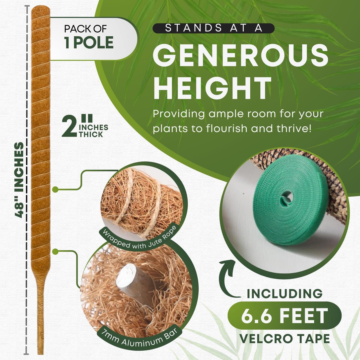 Auraville Moss Pole Monstera Plant Support | 48 Inch Plant Stakes for Indoor Plants | Coconut Palm Fiber Moss Poles for Climbing Plants | Handmade Plant Sticks Support Tall Monstera, Pothos & More
